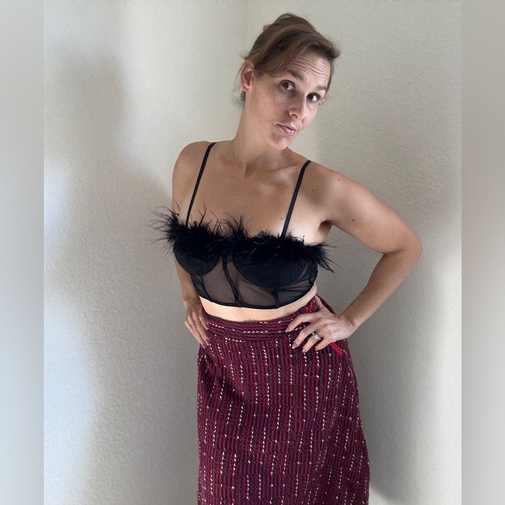 Sans Souci Faux Feather Mesh Bustier Black Small Stretch Adjustable